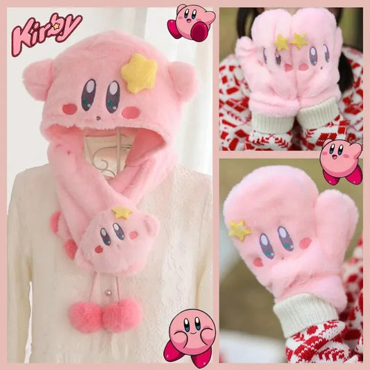 Cute Kirby Plush Hat Scarf Gloves Autumn Winter Women's Warm Cap Scarves Skin-friendly Soft Children's Scarf Glove Girls Gift